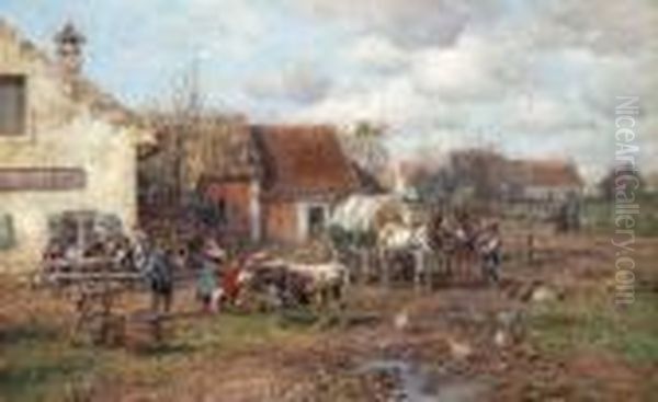 Rast Vor Der
 Dorfwirtschaft. Oil Painting by Karl Stuhlmuller