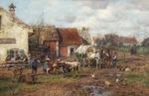 Bauern Mit Vieh Vor Der
 Dorfwirtschaft. Oil Painting by Karl Stuhlmuller