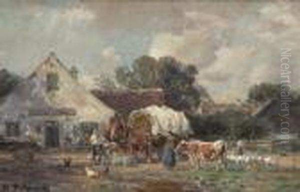 Bauern Mit Vieh Und Pferdefuhrwerk
 Vor Der Dorfwirtschaft. Oil Painting by Karl Stuhlmuller