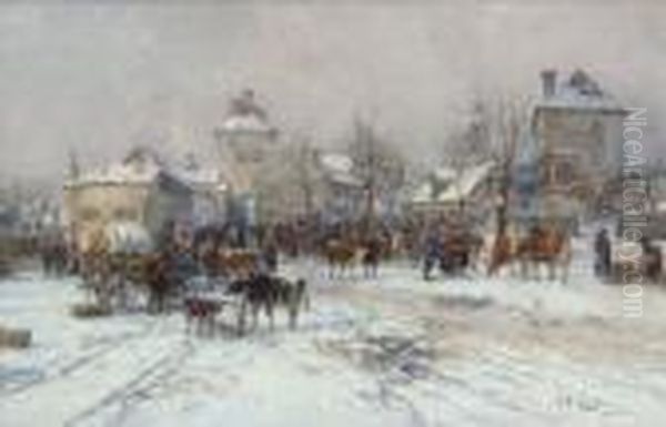 Winterlicher Viehmarkt Vor Der
 Stadt. Oil Painting by Karl Stuhlmuller