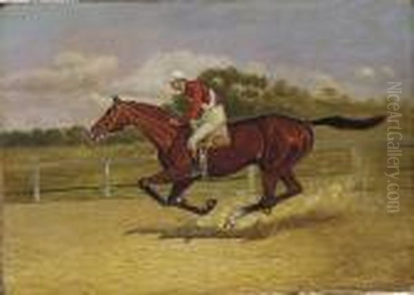 A Chestnut Racehorse Galloping, With Jockey Up Oil Painting by Henry Stull