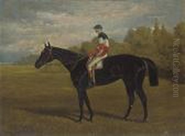 A Black Racehorse With Jockey Up Oil Painting by Henry Stull