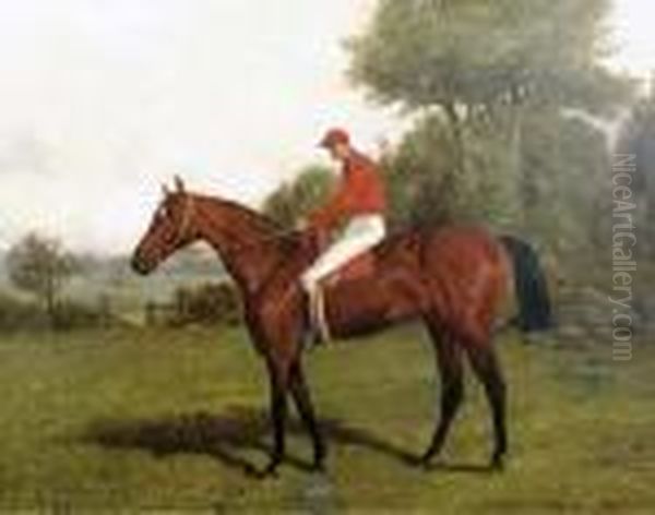 A Dark Bay Racehorse With Jockey Up In A Landscape Oil Painting by Henry Stull