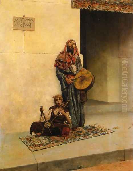 Street Musicians in a Middle Eastern Town Oil Painting by Antonio Maria Fabres Y Costa