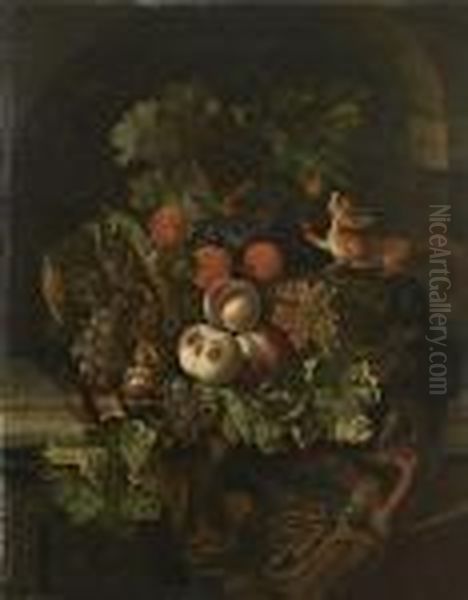 Nature Morte De Fruits Dans Une Niche Animee D'unecureuil Oil Painting by Ernst Stuven