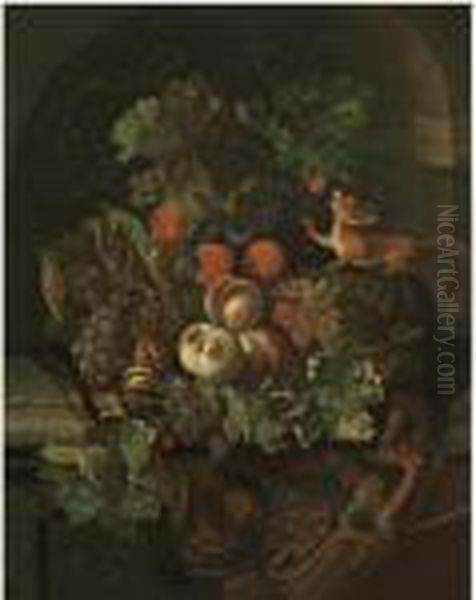 Still Life With A Red Squirrel 
Amongst Peaches, Grapes, Vine Leavesand Walnuts On A Stone Ledge Oil Painting by Ernst Stuven