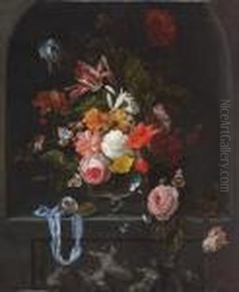 A Parrot Tulip, An Iris, 
Poppies, Roses And Other Flowers In A Glass Vase With A Pocket-watch And
 Two Butterflies In A Niche With A Classical Sculpted Low Relief Oil Painting by Ernst Stuven