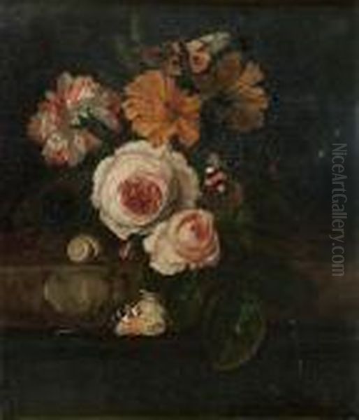 Bouquet De Fleurs Sur Un Entablement De Marbre Avec Des Papillons Et Un Escargot Oil Painting by Ernst Stuven