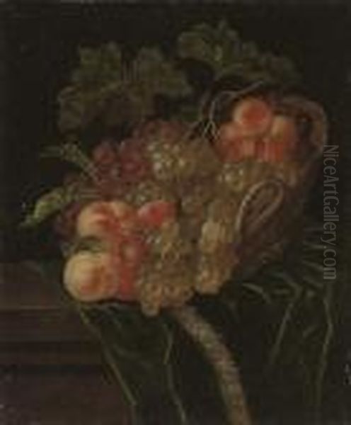 A Pomegranate, Apricots, Grapes 
And Peaches In A Wicker Basket On A Partly-draped Stone Ledge Oil Painting by Ernst Stuven