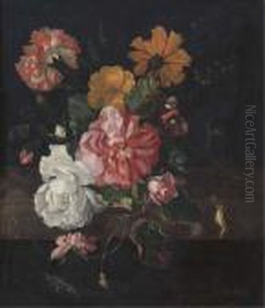 Roses With A Butterfly, A Bluebottle And A Snail On A Stone Ledge Oil Painting by Ernst Stuven