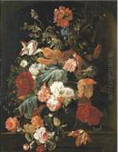 A Still Life Of Roses, Variegated Tulips, Irises, And Other Flowers, In A Glass Vase Oil Painting by Ernst Stuven