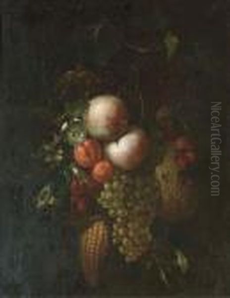 Peaches, Grapes On The Vine, 
Berries, Corn, A Melon, Apricots Andflowers Hanging In A Bunch Oil Painting by Ernst Stuven