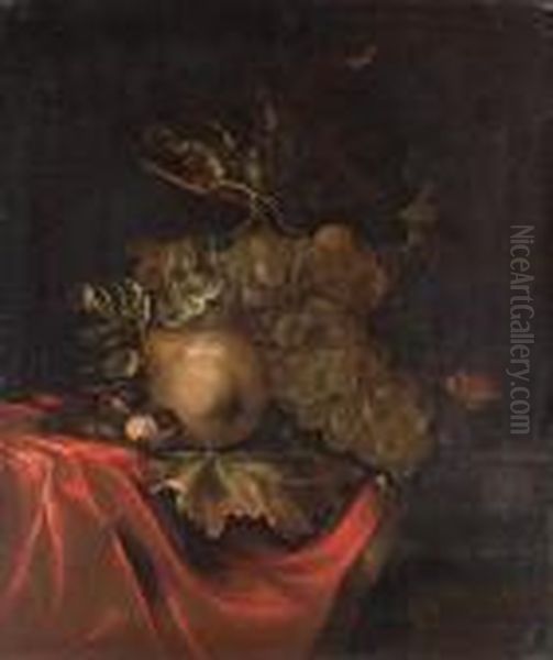 Grapes, A Pear, A Mouse And Nuts On A Partly Draped Ledge Oil Painting by Ernst Stuven