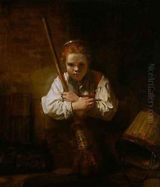 A Girl with a Broom Oil Painting by Carel Fabritius