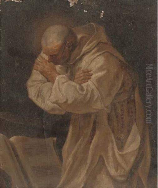 A Monk In White Robes Praying Before A Book Oil Painting by Pierre Subleyras