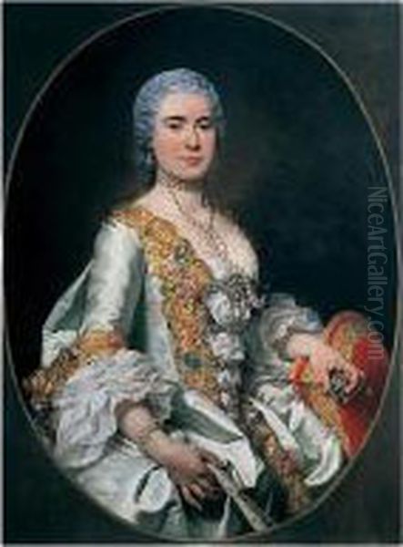 Portrait Of A Lady, Half Length,
 In A Lace-trimmed Dress And Holding A Miniature Of Her Husband Oil Painting by Pierre Subleyras