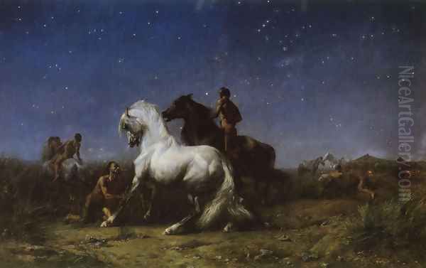 Voleurs De Nuit (Night Robbers) (or Sahara Algerien) Oil Painting by Eugene Fromentin