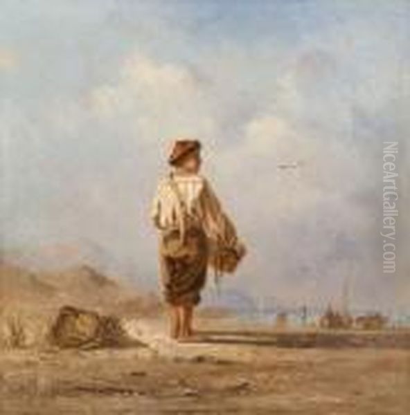 Enfant Ramassant Des Coquillages Sur La Plage. Oil Painting by Joseph Suchet