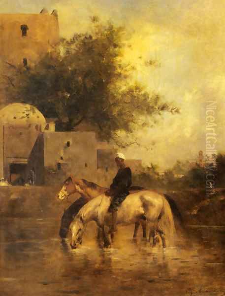 Horses Watering In A River Oil Painting by Eugene Fromentin