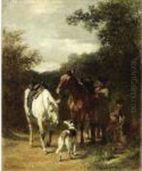 Two Hunters With Their Horses And Dogs In A Wooded Landscape Oil Painting by Carl Suhrlandt