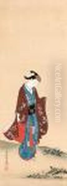 Elegant Young Kabuki Actor Oil Painting by Nishikawa Sukenobu