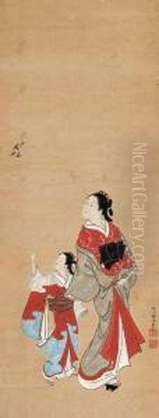 Courtesan And Attendant Looking Up At A Cuckoo Oil Painting by Nishikawa Sukenobu