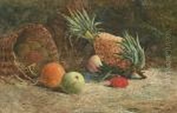 Still Life Of Pineapple, Plum, Apples, Orange And Basket On A Mossy Bank Oil Painting by Arthur Suker