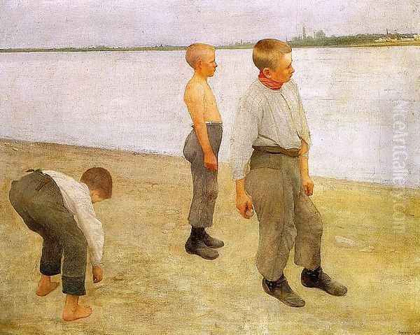 Boys Throwing Pebbles into the River 1890 Oil Painting by Karoly Ferenczy