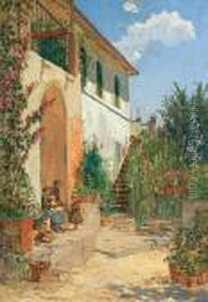 Family In A Villa Garden Oil Painting by Max Suppantschitsch