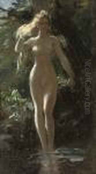 A Nymph In A Woodland Pool Oil Painting by Gustave Surand