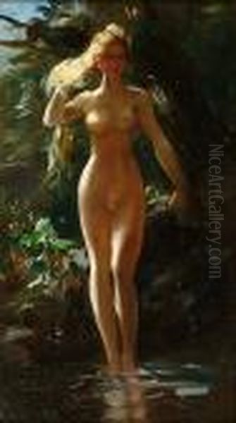 A Female Nude In A Landscape Oil Painting by Gustave Surand