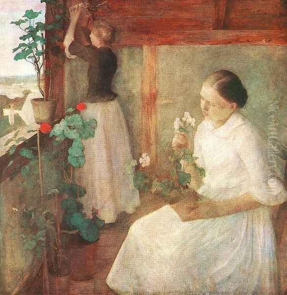 Girls Attending to Flowers 1889 Oil Painting by Karoly Ferenczy