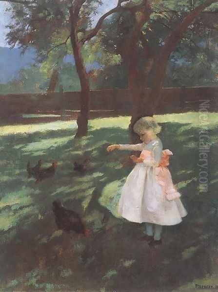 Feeding the Chickens 1895 Oil Painting by Karoly Ferenczy