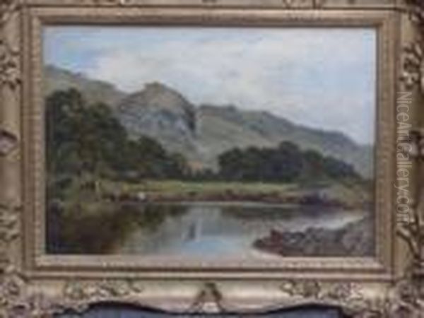 Cattle At A Lakeside With A Rock-strewn Hill Beyond Oil Painting by John Surtees