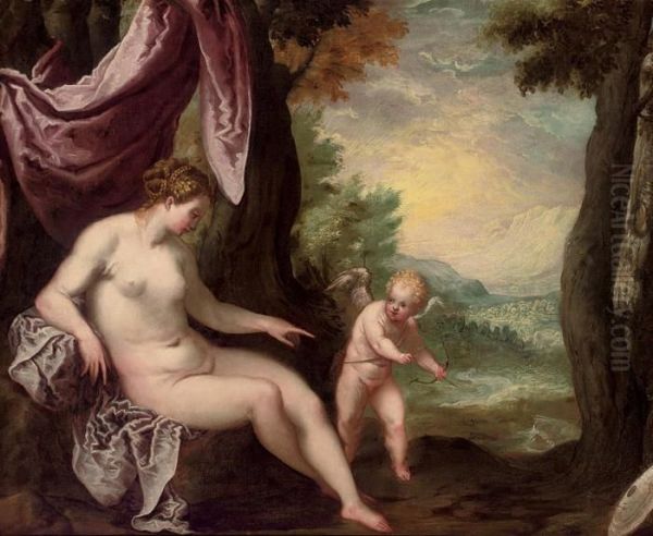 Venus And Cupid In A Landscape Oil Painting by Lambert Sustris