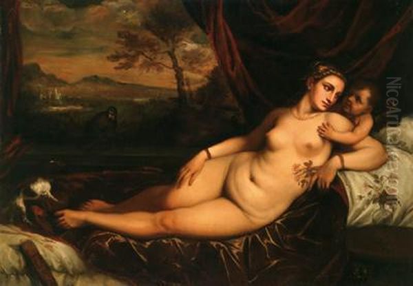 Venere Con Amorino In Un Paesaggio Oil Painting by Lambert Sustris