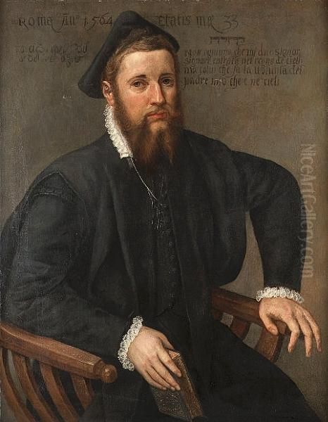 Portrait Of A Bearded Man, 
Seated Three-quarter-length, In Black Costume With A Black Hat And A 
Lace Collar, Holiding A Book Oil Painting by Lambert Sustris