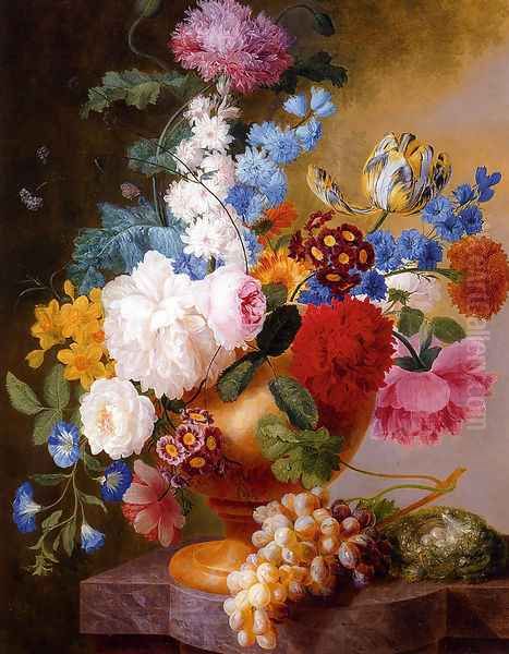 Still Life Of Tulips, Roses, Peonies, Narcissus, And Other Flowers In A Urn Oil Painting by Pieter Faes