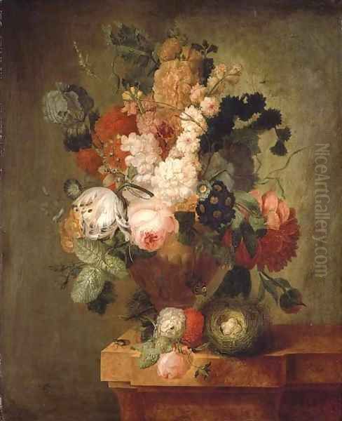 Roses, carnations, a tulip and other flowers in a sculpted urn with a bird's nest on a marble ledge with a beetle and a butterfly Oil Painting by Pieter Faes