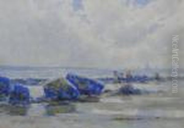 Rocky Beach Scene Oil Painting by Lester Sutcliffe