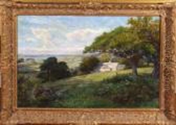 A Whitewashed Cottage Overlooking An Estuary Oil Painting by Lester Sutcliffe