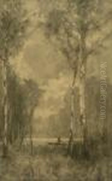 Silver Birch And Man In A Punt Oil Painting by Lester Sutcliffe