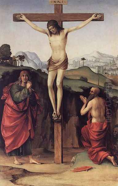 Crucifixion with Sts John and Jerome c. 1485 Oil Painting by Francesco Francia