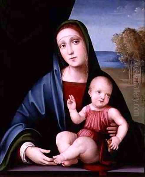 Madonna and Child Sitting on a Parapet with a Goldfinch Oil Painting by Francesco Francia