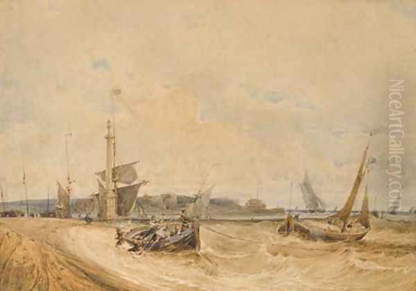 Fishermen in a small boat near the shore, perhaps at Calais, sailing boats in the background Oil Painting by Francesco Francia