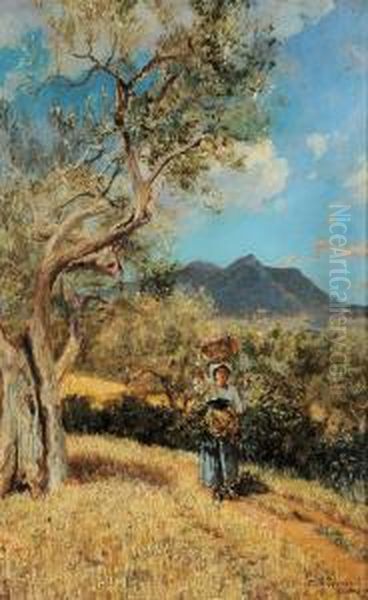 Fanciulla Con Cesto Nei Campi Della Pallanzana Oil Painting by Aleksandr Alexandrovich Svedomskij