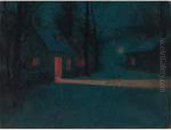 Cabins At Night Oil Painting by Svend Rasmussen Svendsen