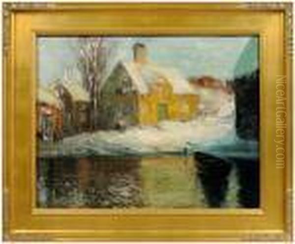 House By A Frozenpond Oil Painting by Svend Rasmussen Svendsen