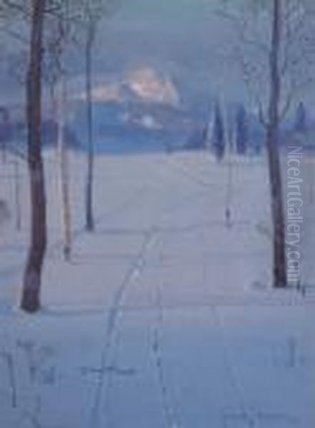 Tracks In Snow Oil Painting by Svend Rasmussen Svendsen