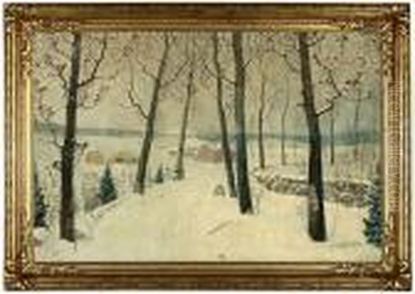 A Road Through Trees In Early Spring Snow Oil Painting by Svend Rasmussen Svendsen